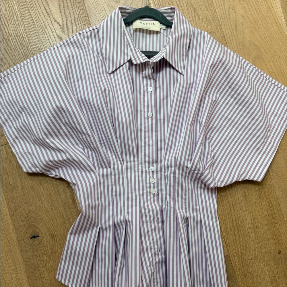 Anthropologie Exquise Striped Button-Up Peplum Shirt in Lavender and White - Picture 5 of 5